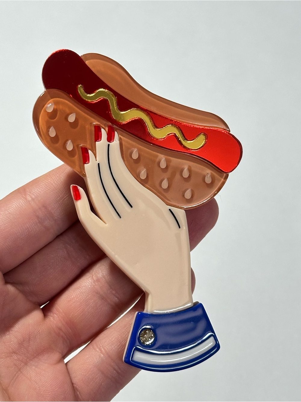 Whimsical Novelty Y2K Tumblr Twee Hotdog Lipstick & Chrome Acrylic Brooch Pin